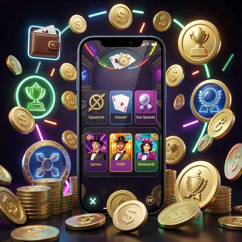 EEE PH online casino app interface on a smartphone surrounded by icons for wallet, games, support, and rewards with golden coins and neon lights in a luxury 3D render