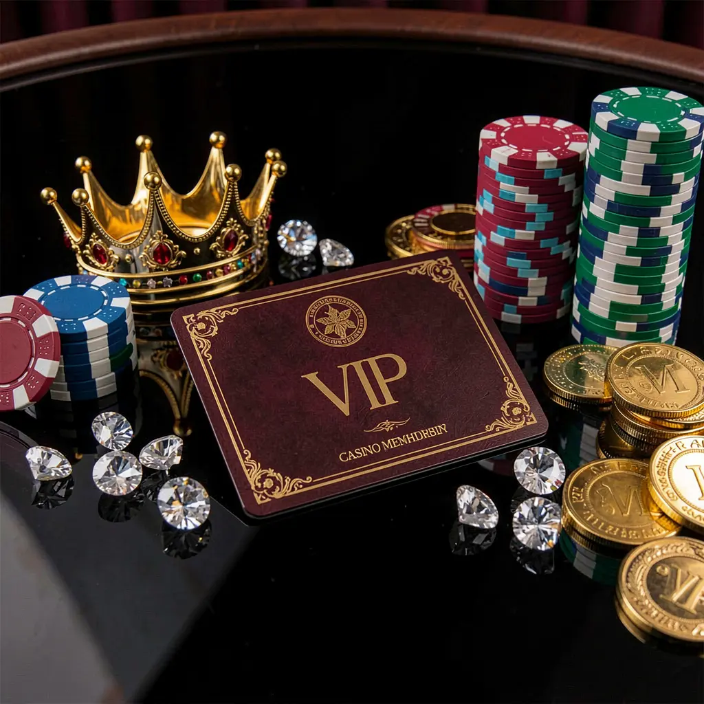 EEE PH VIP casino bonus concept featuring a golden crown, luxury membership card, poker chips, diamonds, and coins arranged on a glossy black table in an elegant premium style