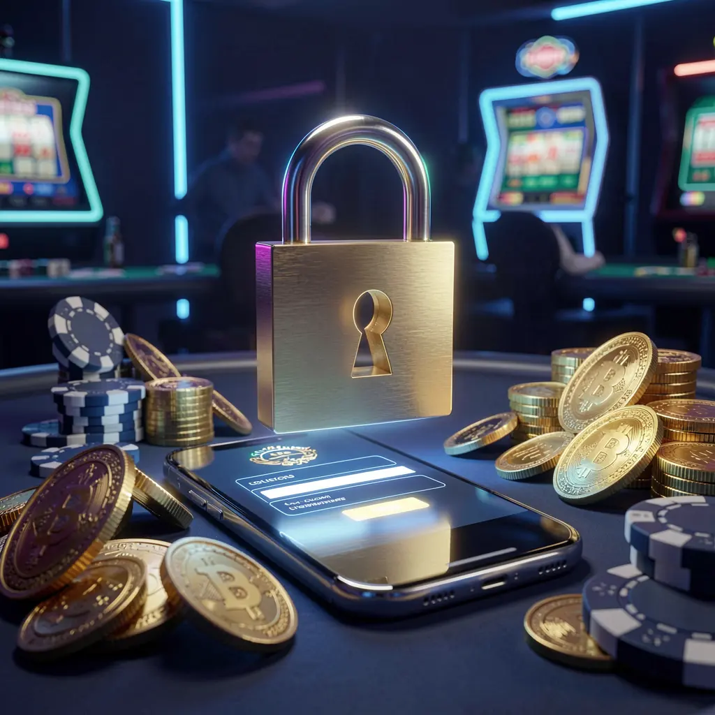 EEE PH casino login security image with a glowing padlock floating above a smartphone, surrounded by golden coins and chips on a dark blue neon background