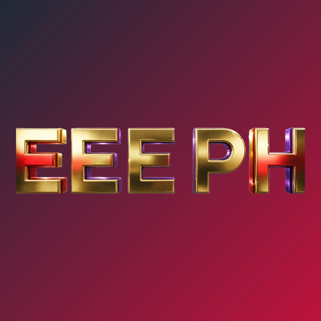 Bright premium EEE PH logo with thick uppercase typography in vivid gold, red, and purple colors, featuring a polished metallic finish and strong visual impact on a transparent background, designed as a wide horizontal rectangular wordmark for a website header