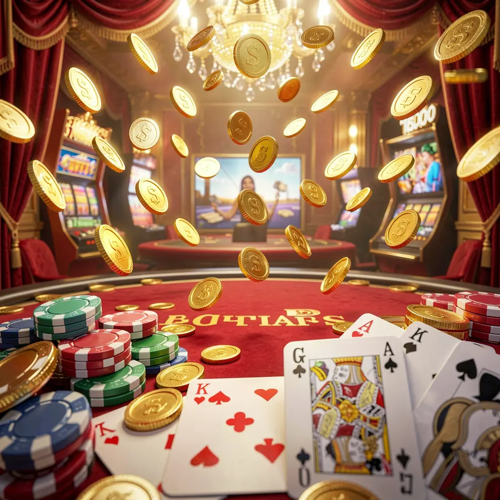 EEE PH online gaming platform homepage banner featuring bright casino lights, golden coins raining, poker chips and playing cards in the foreground with a luxury red and gold atmosphere in a high detail 3D render